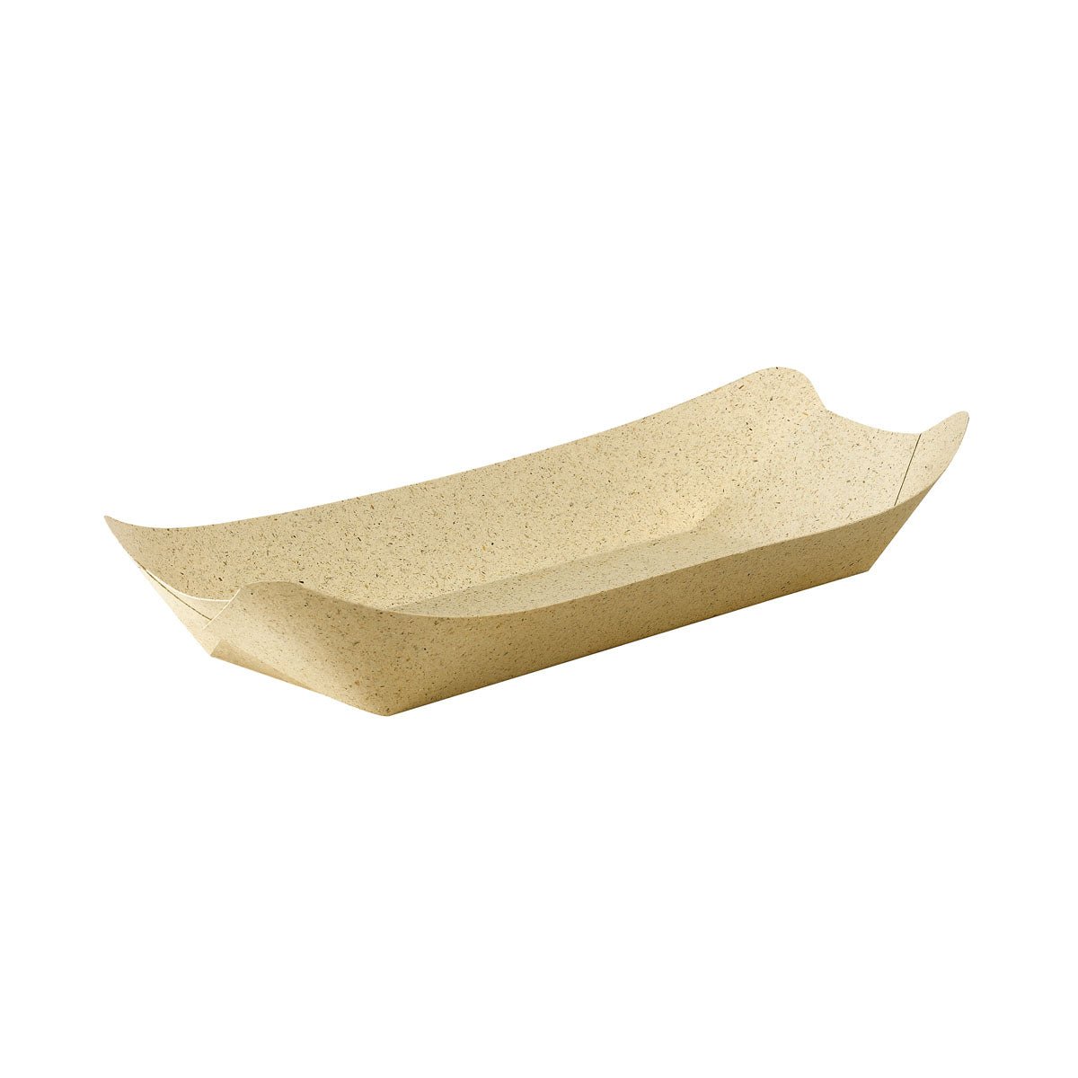 The Bloom Tray Large from Duni GmbH is a simple, rectangular tray made of uncoated natural grass paper (265x135x55 mm) with slightly raised sides and pointed corners, depicted on a white background. The package contains 500 pieces.