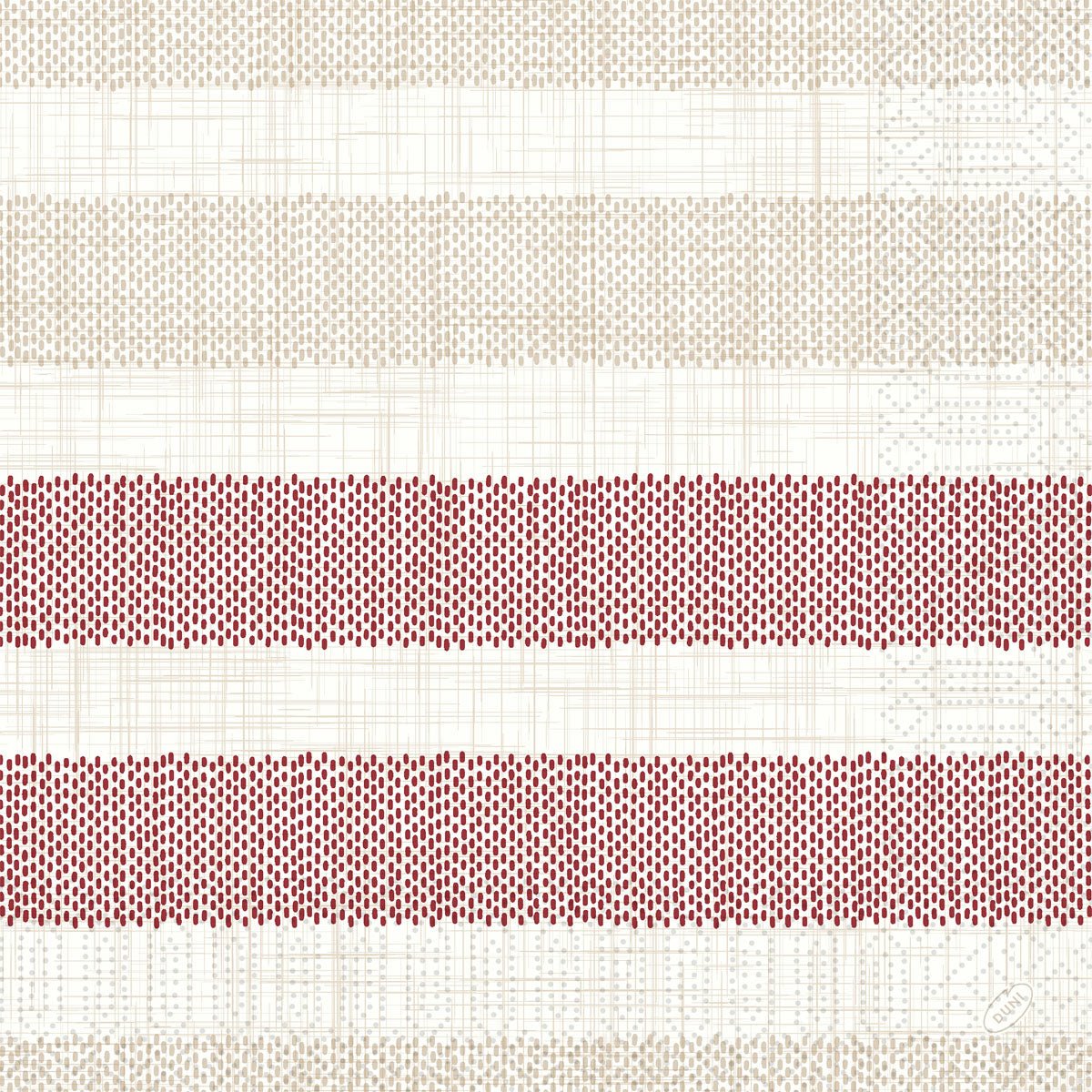 A woven fabric with beige and red stripes, separated by white, creates a rustic look - ideal for table decoration or in combination with high-quality paper napkins like Duni GmbH Zellt.-Serv. 40, 3-ply, 1/4 Rigato, bordeaux (250 napkins per pack).