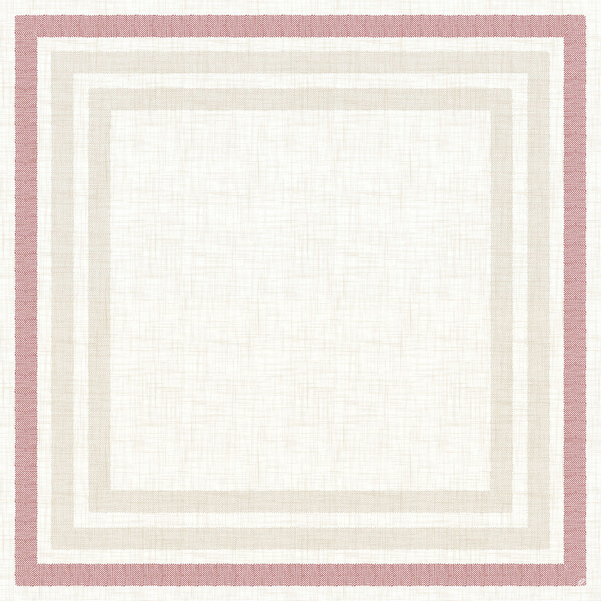 Die Dunicel Mitteldecke 84x84 cm Rigato bordeaux von Duni GmbH hat eine weiße Mitte, hellbeige und hellgraue Ränder und einen äußeren staubrosa Rand Rigato bordeaux 60116 auf einem strukturierten Hintergrund. Packung mit 100 Stück.