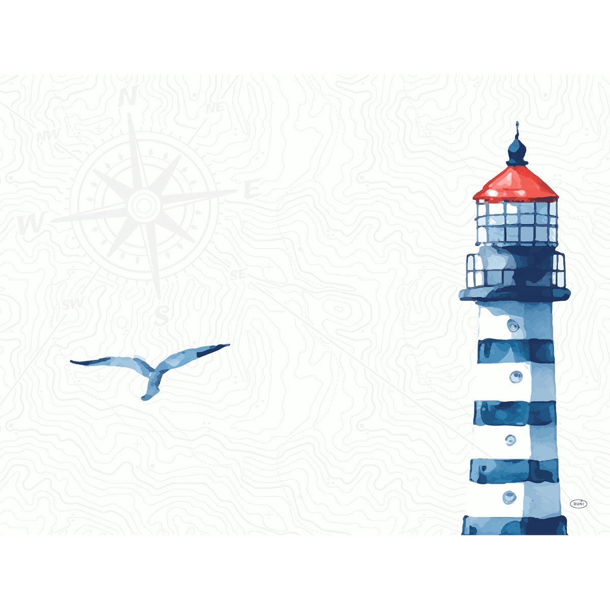 Ein Leuchtturm in Aquarell-Optik mit rotem Dach, blau-weißen Streifen und einer Möwe vor einer Windrose - ideal, um mit den Duni GmbH Papier-Tischsets Meer Freude (30x40 cm, 250 Stück) maritimes Flair auf den Tisch zu bringen und festliche Anlässe zu feiern.