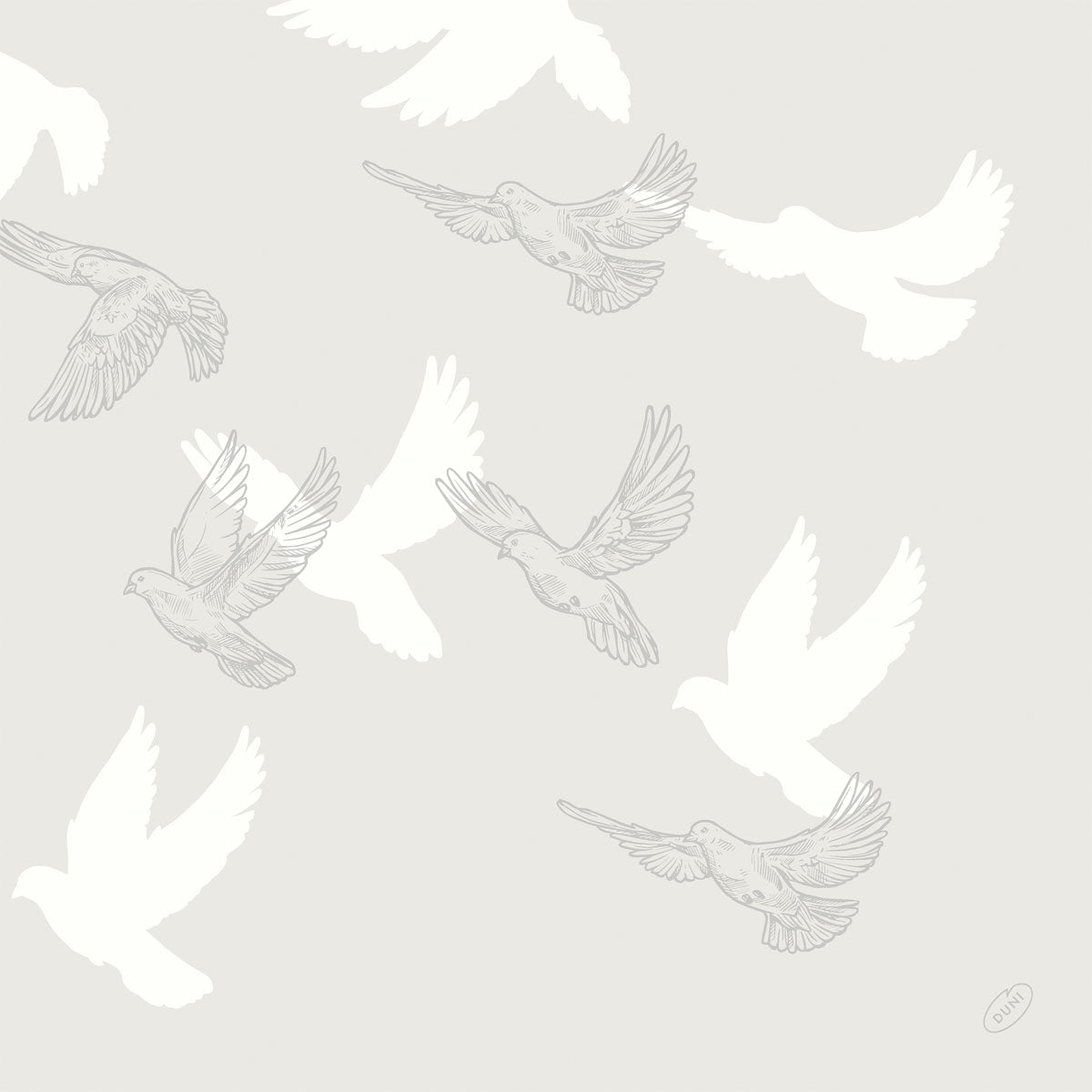 Soft Wings Bio-Dunisoft Servietten 40x40 cm von Duni GmbH zeigen elegante Vogelmotive auf hellgrauem Hintergrund. Jede Packung enthält 60 weiche Papierservietten, ideal um jedem gedeckten Tisch einen Hauch von Raffinesse zu verleihen.