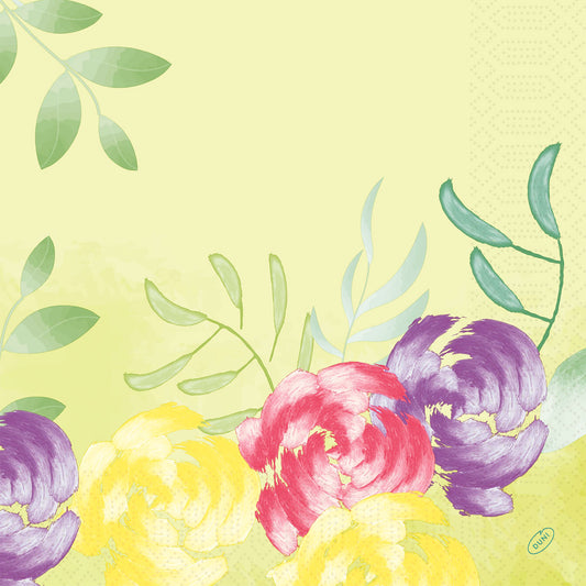 Mit einem hellgelben Hintergrund mit grünen Blättern und drei großen gelben, rosa und lila Blüten bieten die "Servietten 40x40 cm 3-lagig Soft Tropics" der Duni GmbH einen tropischen Look. Die Packung enthält 250 hochwertige Servietten.