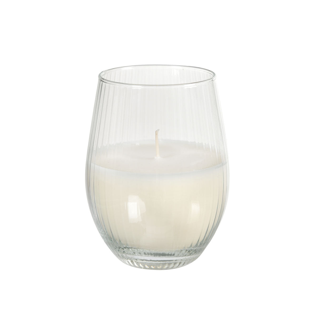 Der Kerzengläser Ritz von Duni GmbH (12,5 cm, Ø76 mm, weiß) ist ein eleganter Teelichthalter aus klarem, geripptem Glas mit weißem Wachs und einem Docht - hochwertige Verarbeitung in schlichtem Design.