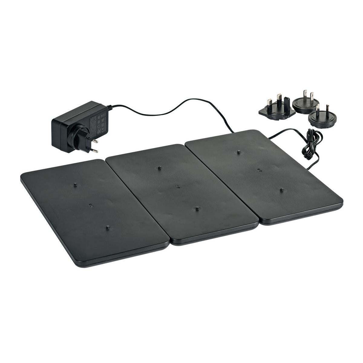 Three black rectangular electronic heating mats are connected to each other on a white background, alongside an LED charging station for lamps (1 unit) from Duni GmbH, which includes multiple-outlet plugs and a power adapter.