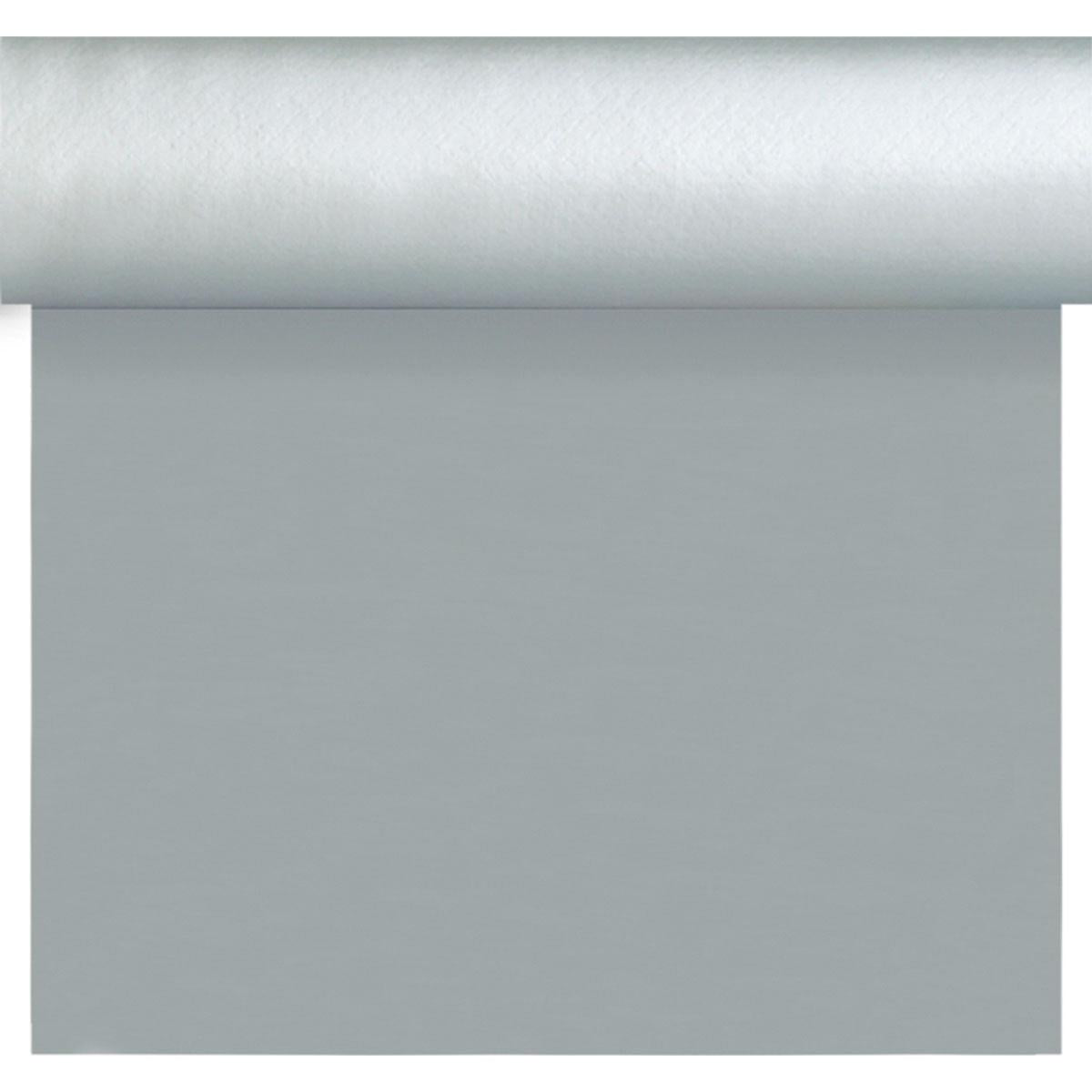 Eine Rolle Dunisilk Tete a Tete 0,4x24m silber von Duni GmbH liegt teilweise ausgerollt mit glatter Oberfläche - ideal für elegante Tischdekoration. Die hochwertige Tischdecke (Packung 1 Stück) wird oben im Bild präsentiert.