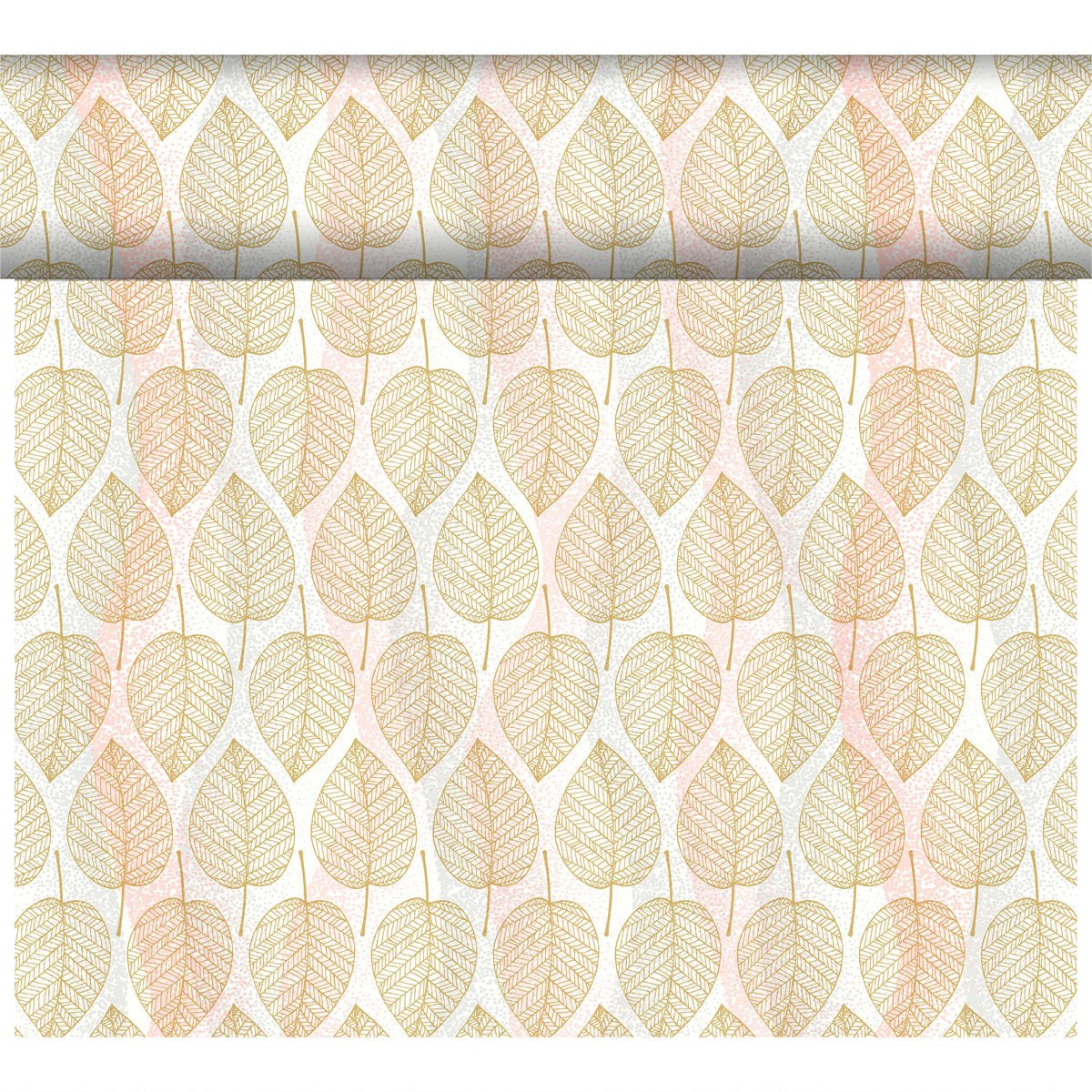 Der Bio-Dunicel Tete-a-Tete Tischläufer 0,4x24m von Duni GmbH zeichnet sich durch ein sich wiederholendes Blattmuster in Gold, Orange und Beige auf hellem Grund aus, das in vertikalen Reihen angeordnet ist und Ihrem Raum einen umweltfreundlichen und stilvollen Touch verleiht.