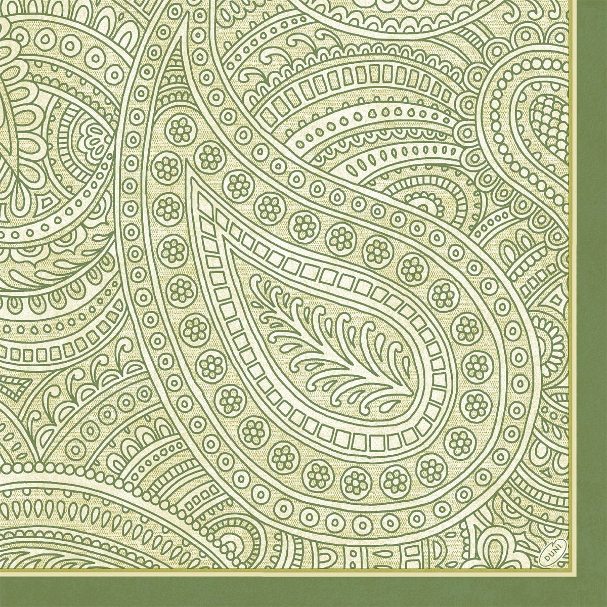 The Duni GmbH napkins 40x40 4-ply Classic Paisley feature an elegant green paisley pattern with floral and tendril motifs, framed in a strong green. Each pack contains 50 durable napkins, perfect for stylishly set tables.