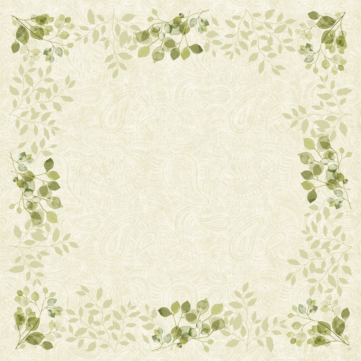 A light beige background with a subtle paisley pattern and green paisley leaves at each corner evokes the eco-friendly charm of the Bio-Dunicel table cover 84x84cm (20 pieces) by Duni GmbH, biodegradable and stylish for any setting.