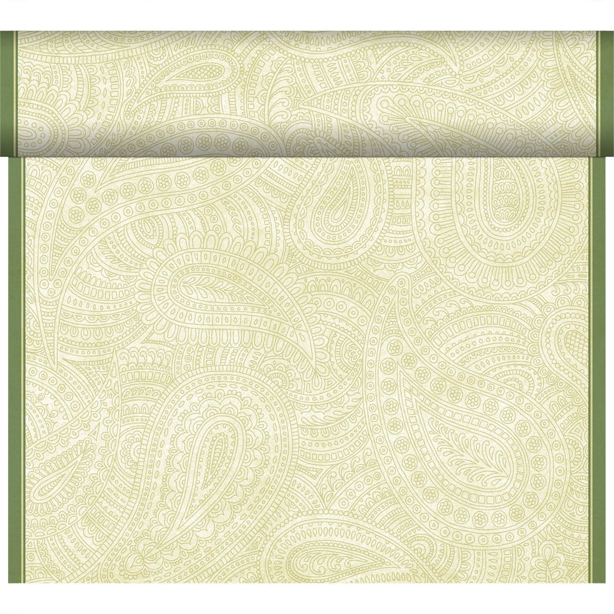 Eine Tapetenrolle mit einem hellgrünen und cremefarbenen Paisleymuster, umrandet von vertikalen grünen Kanten, ist ideal für die Kombination mit dem Duni GmbH Bio-Dunicel Tete-a-Tete Tischläufer 0,4x24m.