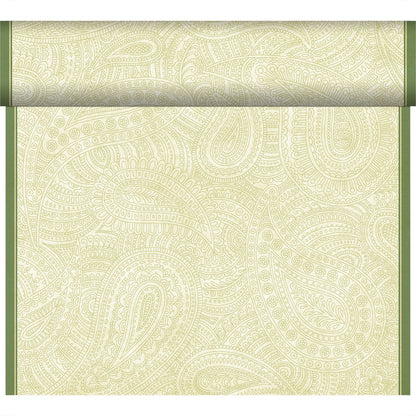 Eine Tapetenrolle mit einem hellgrünen und cremefarbenen Paisleymuster, umrandet von vertikalen grünen Kanten, ist ideal für die Kombination mit dem Duni GmbH Bio-Dunicel Tete-a-Tete Tischläufer 0,4x24m.