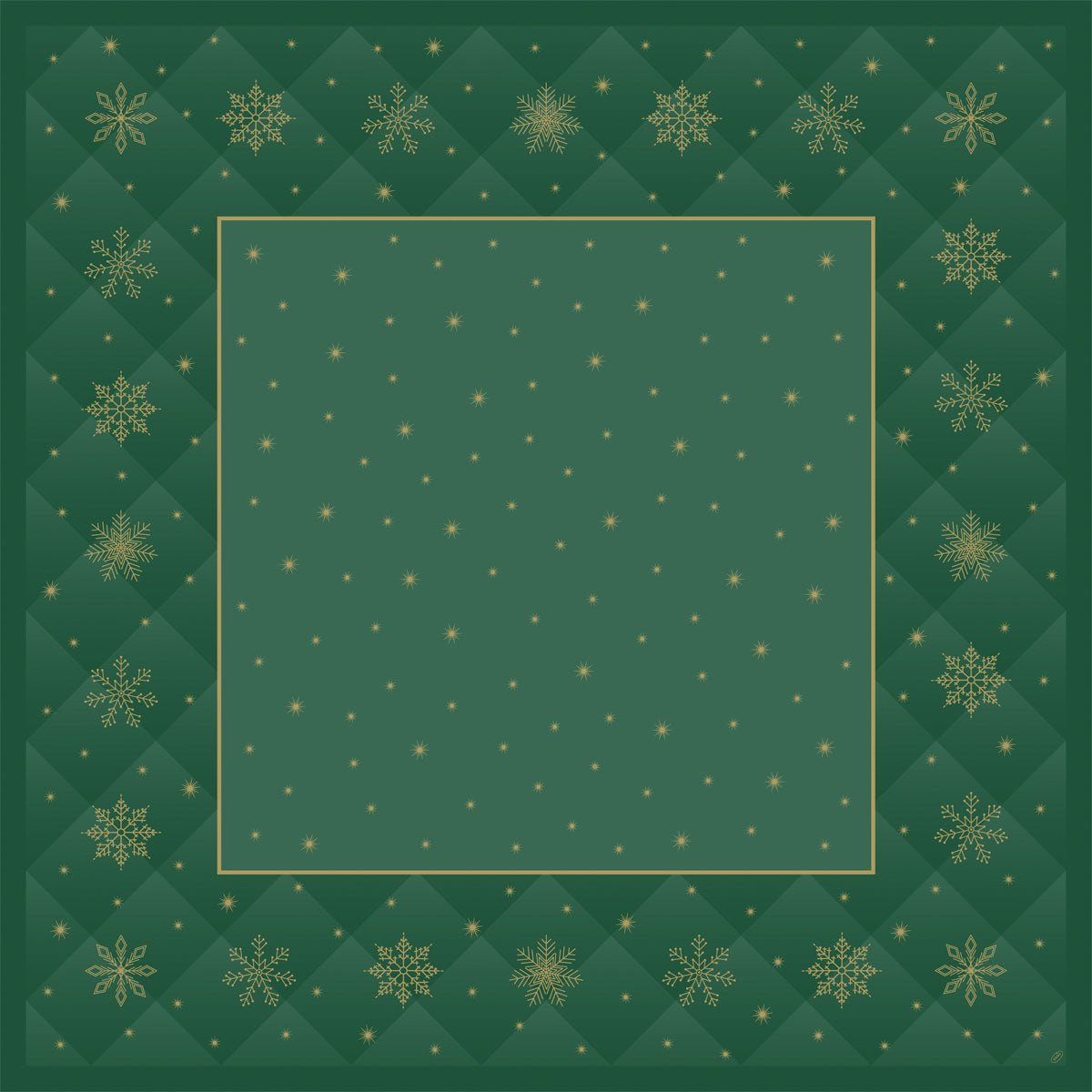 Die Bio-Dunicel-Mitteldecke 84x84cm Rhombus grün von Duni GmbH hat ein quadratisches, biologisch abbaubares, grünes Design mit einem goldenen Schneeflocken-Gitterrand und einer einfarbigen Mitte, die mit verstreuten goldenen Punkten und Sternen verziert ist. Packung: 20 Stück.