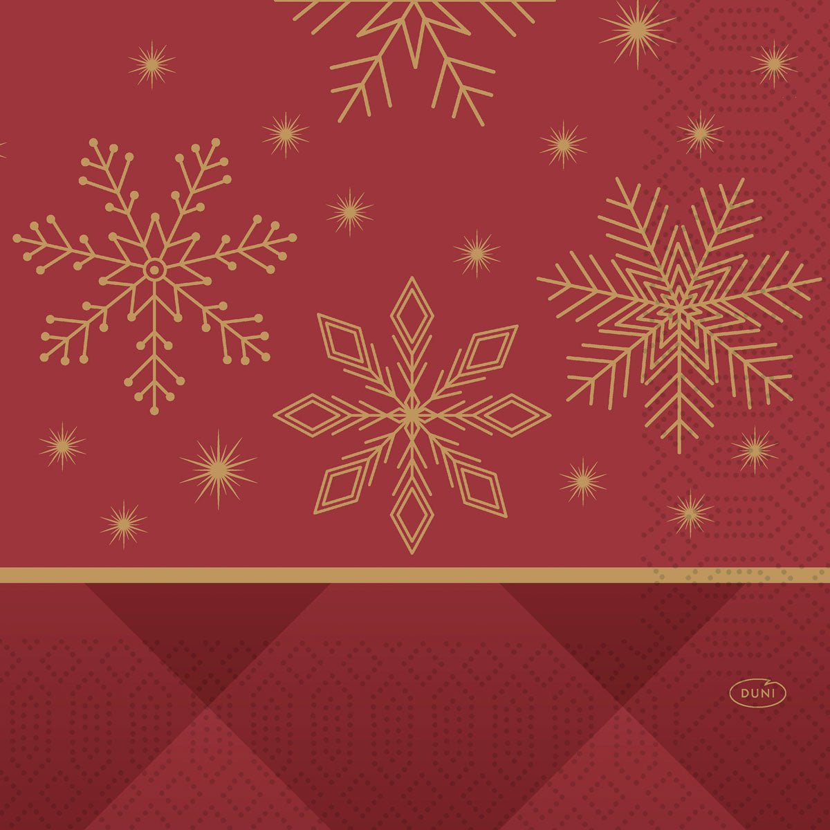 Red background with golden snowflakes and stars, a golden line separates the upper area from a darker red geometric dot pattern - ideal for napkins 33x33 3-ply 1/4 rhombus bordeaux (50 pieces) by Duni GmbH. In the bottom right corner it says "Duni".