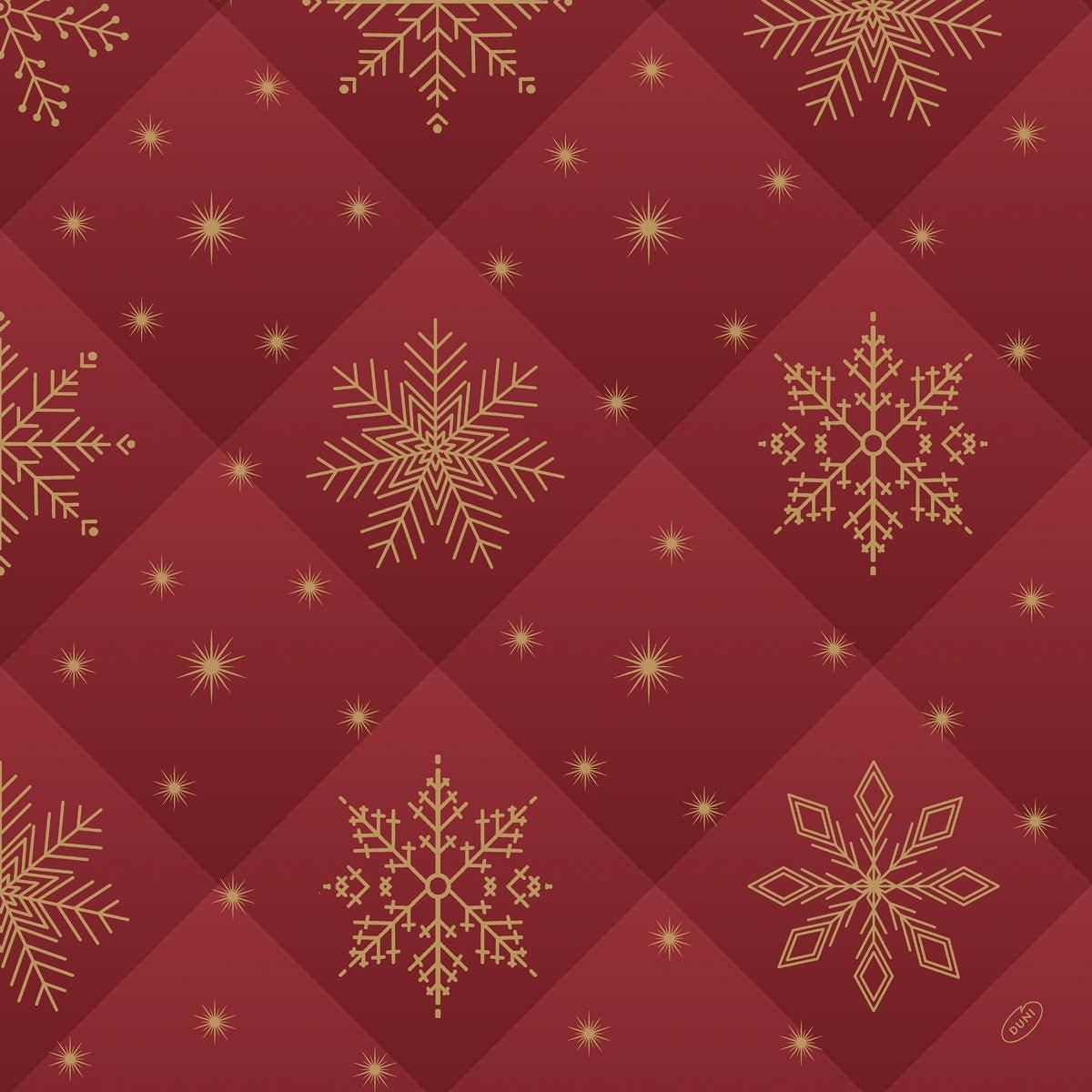 Die Dunilin-Servietten 48x48cm Rhombus bordeaux der Duni GmbH sind mit goldenen Schneeflocken und Starbursts auf einem gesteppten roten Hintergrund mit einem Rautenraster versehen - ideal, um Ihrem Tisch Luxus zu verleihen. Packung (36 Stück).