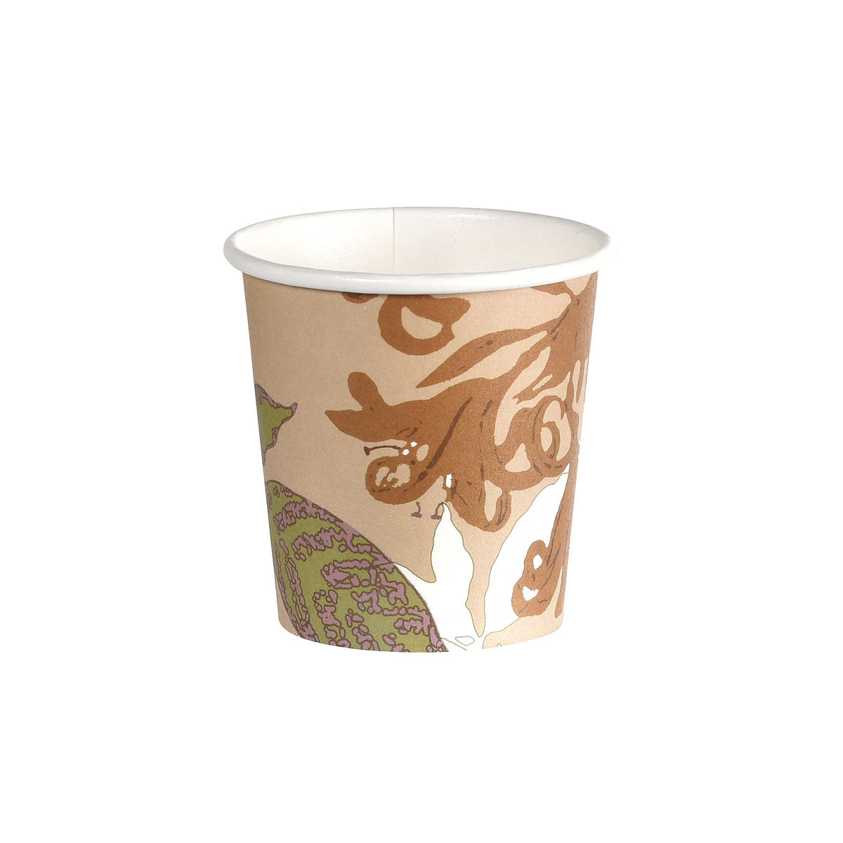 Der Pappbecher WBC Garden, 120ml von Duni GmbH (Packung mit 50 Stück), aus recycelbarem Papier, zeigt ein braun-grünes abstraktes Muster auf Weiß-ideal für umweltbewusste Anlässe.