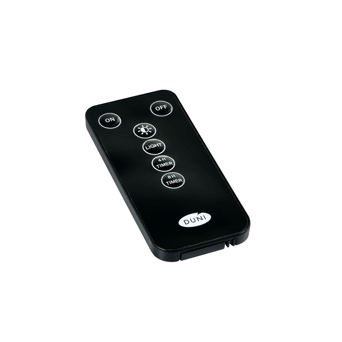 The Duni GmbH LED Remote Control Replacement Part for TV and Lighting (1 piece) features six round buttons—ON, OFF, LIGHT, 4H TIMER, 8H TIMER, and DUNI—arranged in a grid for precise lighting control.