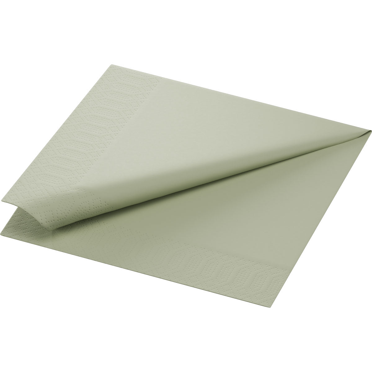 A folded napkin, 40x40 cm, 3-ply, 1/4 fold, pistachio green napkin by Duni GmbH, with subtle edge embossing, is placed on a plain white background. Pack of 250 high-quality napkins.