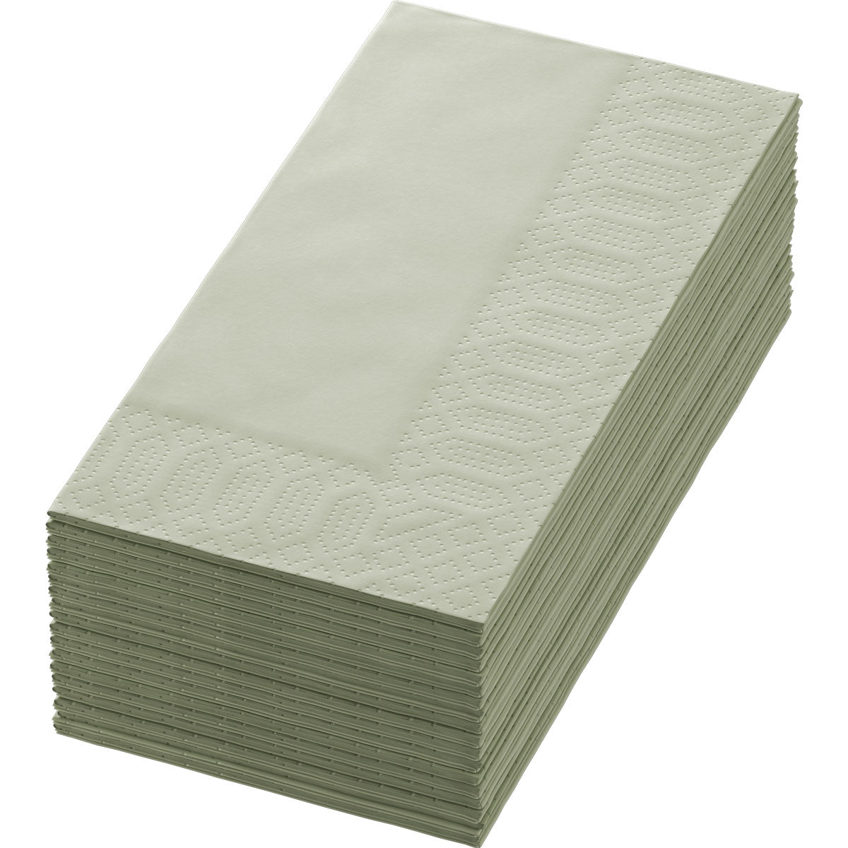 Eine Packung mit 250 hochwertigen pistaziengrünen Servietten Zellt.Serv.40x40 3lg 1/8 BF. der Duni GmbH, je 40x40 cm mit dekorativer Prägung, liegt übersichtlich auf einer ebenen Fläche.