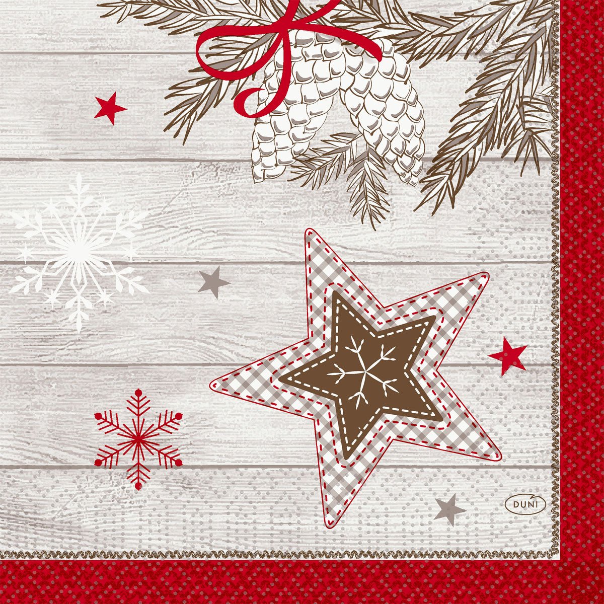 The Duni GmbH pack of napkins 33x33 3-ply 1/4 Cozy Winter (250 pieces) features a winter design with pine cones, evergreen branches, snowflakes, stars, and a star-shaped cookie on a light wooden background with a red border.