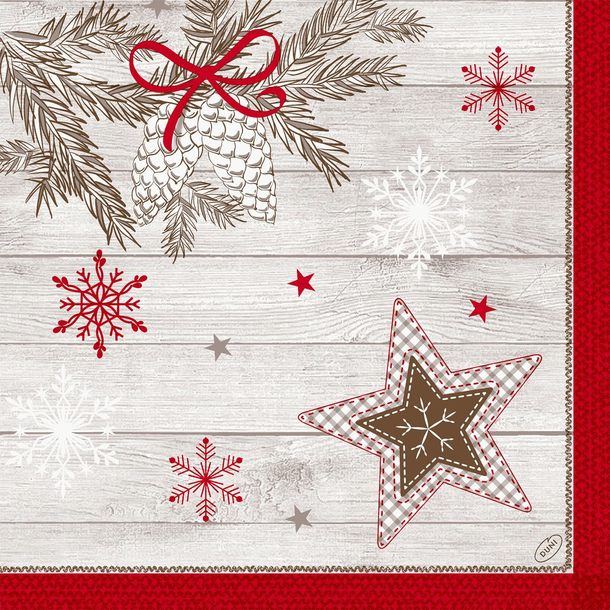 Bring festive charm to your table with Duni GmbH napkins 40x40 4-ply Classic Cozy Winter (50 pieces) featuring pine cones, red bows, stars, snowflakes, and gingerbread on a light wood decor with a red border.