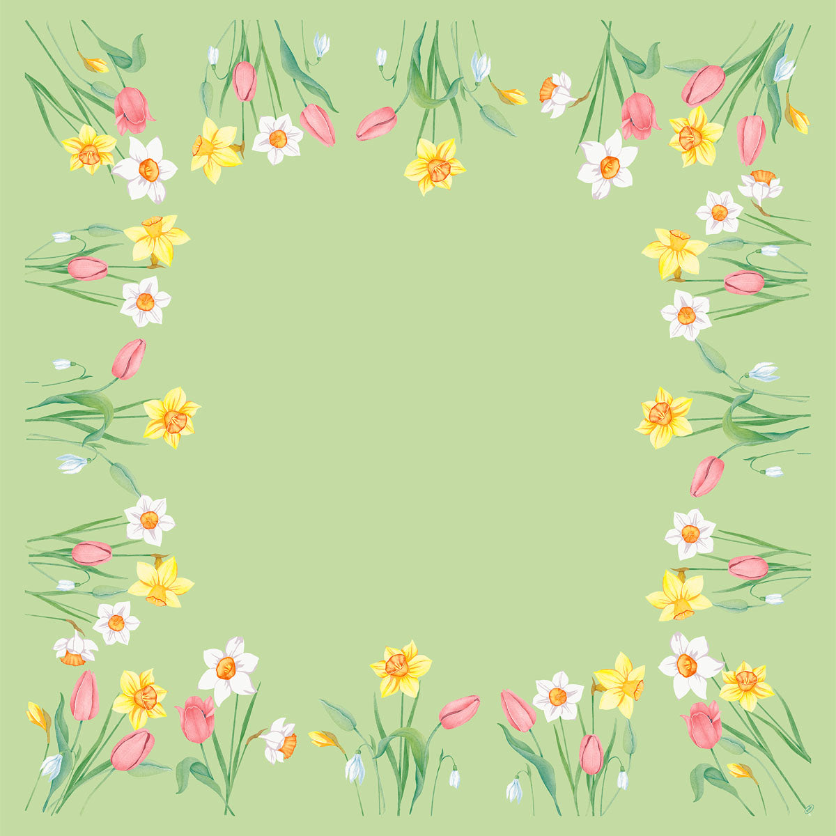 Das Bio-Dunicel-Mitteldeckchen Spring Melody (84x84 cm) von Duni GmbH zeigt eine grüne Mitte, umrahmt von Aquarell-Tulpen, Narzissen und weißen Blüten - ideal als blumige Tischdekoration zu Frühlingsanlässen. Packung mit 100 Stück.