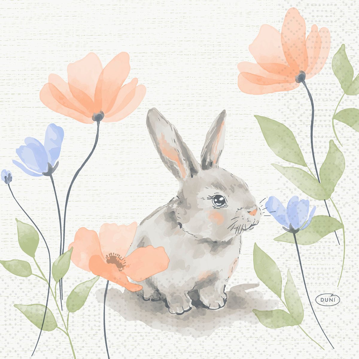 The Bunny Bloom napkins (33 cm, 3-ply, 1/4-fold) from Duni GmbH feature a gray bunny among light orange and blue flowers—perfect as Easter or spring napkins. The package contains 50 napkins.