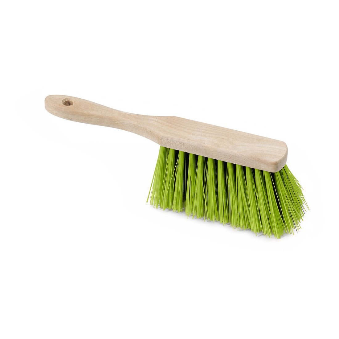 Der Nölle Profi Brush Prestige Handfeger 29 cm von Nölle Profi Brush Bürsten- & Pinseltechnik e.K. zeichnet sich durch einen hellen Buchenholzstiel und grüne Elastonborsten aus, die auf einem weißen Hintergrund abgebildet sind.