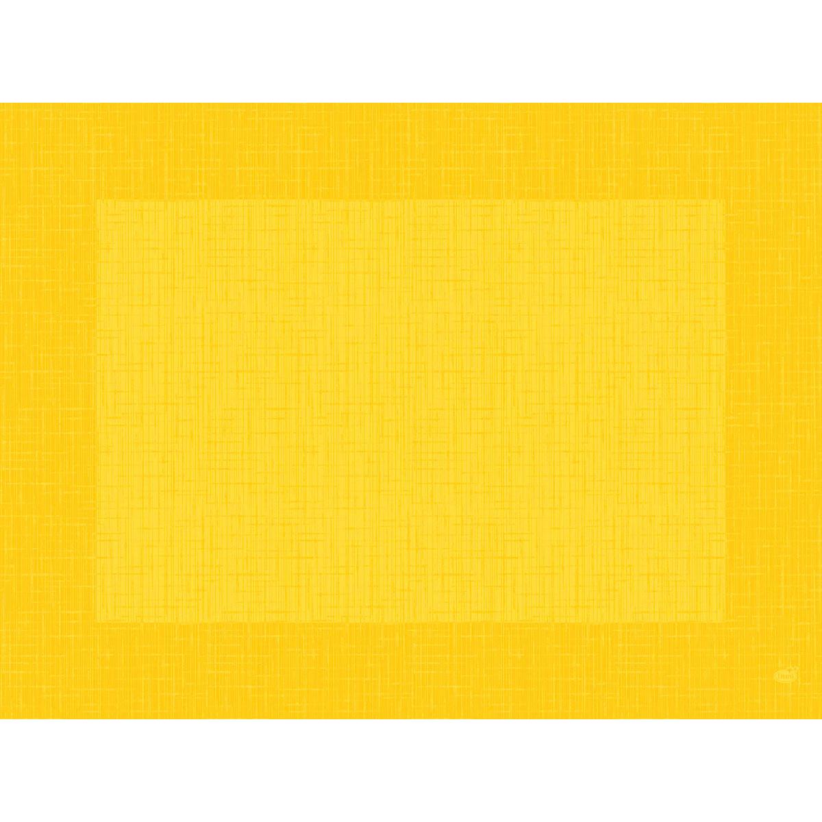 The Bio-Dunicel Sets 30x40 Linnea yellow from Duni GmbH are rectangular, textured, biodegradable placemats with a subtle cross-hatch pattern and a darker yellow border - perfect for eco-friendly table decorations. Pack of 100 pieces.