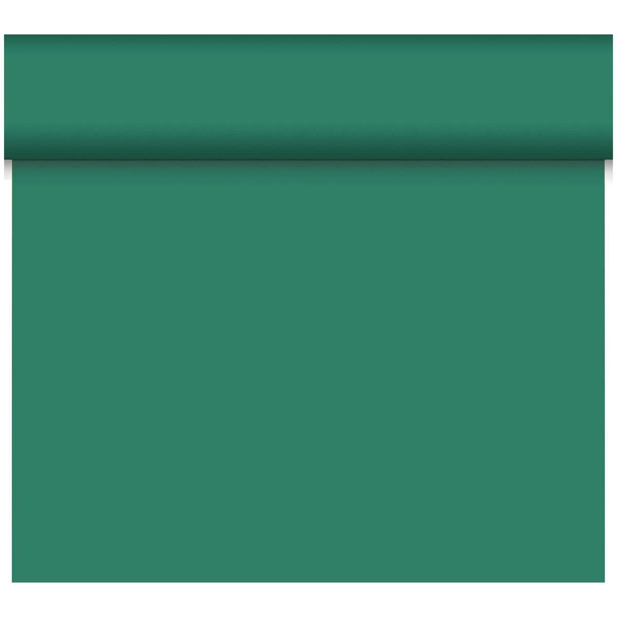 Ein teilweise ausgerolltes Bio-DC-Tete a Tete 0,4x24m von Duni GmbH zeigt seine solide grüne, biologisch abbaubare Oberfläche - perfekt für nachhaltige Dekorationen.