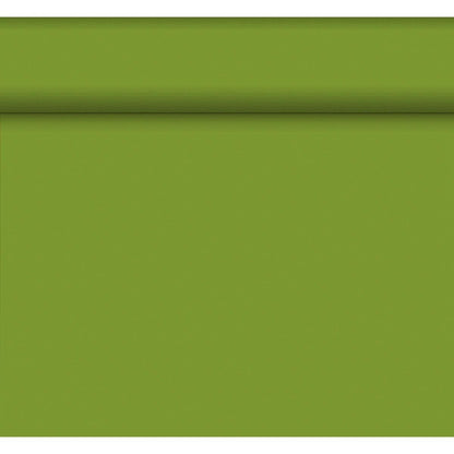 Das Bio-DC-Tete a Tete 0,4x24m von Duni GmbH zeichnet sich durch eine solide olivgrüne Oberfläche mit einer horizontalen erhabenen Linie im oberen Bereich aus, die einen subtilen Schatten erzeugt - ein umweltfreundliches Design, das von biologisch abbaubaren Materialien inspiriert ist.