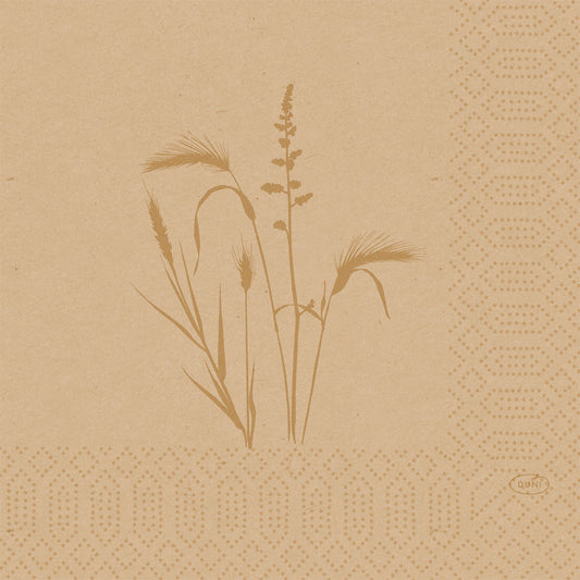 Die Duni GmbH Zellstoff Servietten 33 cm 3lagig 1/4-Falz Meadow natural (50 Stück) sind mit natürlichen Gras- und Getreidedrucken, einem gepunkteten geometrischen Rand und dem "Duni"-Logo in der Ecke versehen, was für zusätzliche natürliche Ästhetik sorgt.