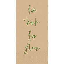 Die Duni GmbH Zell.-Serv.40x40 3lg 1/8 Love green natural Papierservietten (250 Stück) haben einen braunen strukturierten Hintergrund mit "live think love green" in grüner Schreibschrift - eine ideale Inspiration für umweltfreundliche Servietten.