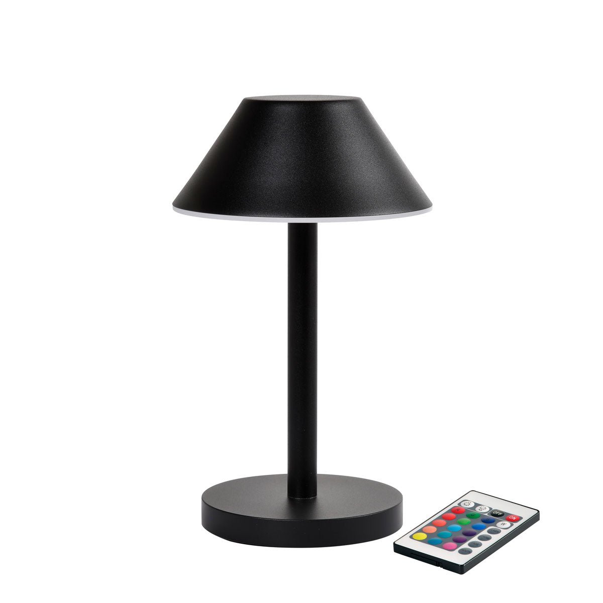 Die LED-Lampe Zelda Midi von Duni GmbH in modernem Graphit-Design mit rundem Sockel und konischem Schirm steht neben einer Fernbedienung mit bunten Tasten - die ideale, energieeffiziente Beleuchtungslösung.