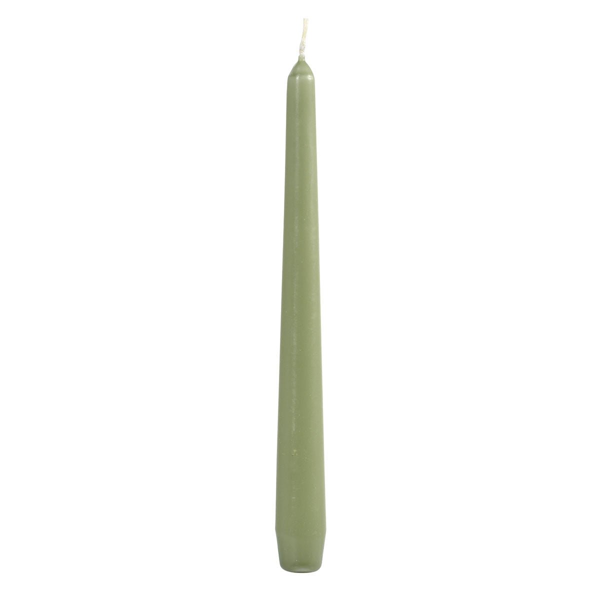 Eine Packung mit 50 Leuchterkerzen 250x22 mm in Pistaziengrün von Duni GmbH, jede mit einer etwas breiteren Basis, steht aufrecht vor einem weißen Hintergrund - perfekt für eine elegante Tischdekoration und das Hinzufügen von subtiler Farbe zu jeder Umgebung.