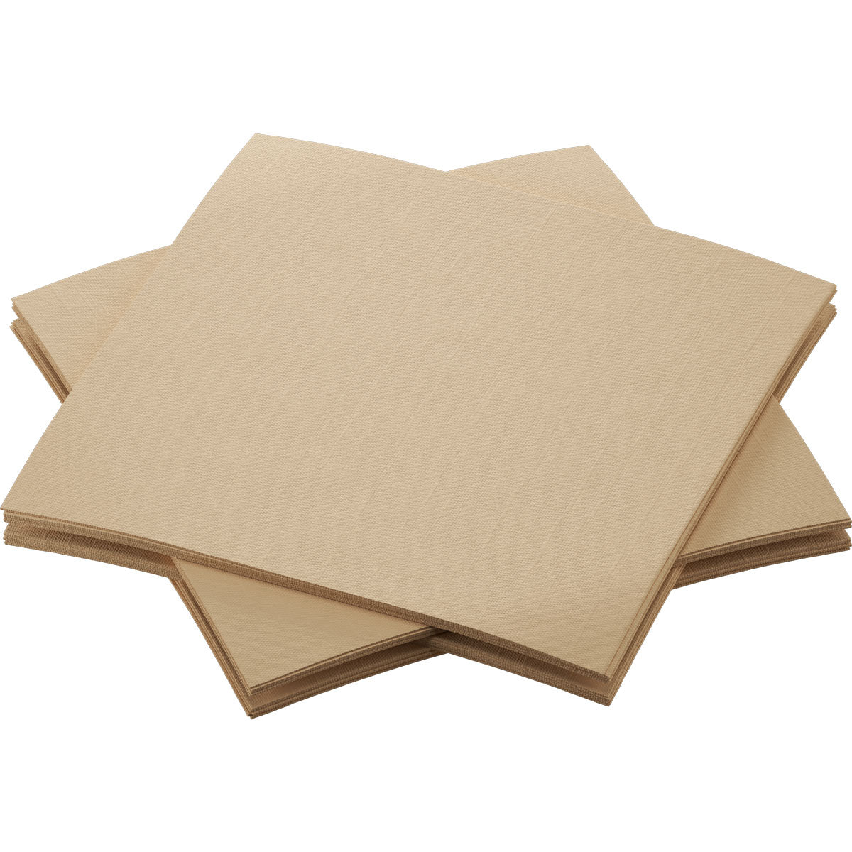 Four stacks of Duni GmbH organic Dunisoft napkins 20x20cm brown, square napkins are overlapping on a white background. These biodegradable, eco-friendly napkins are smooth and untextured.