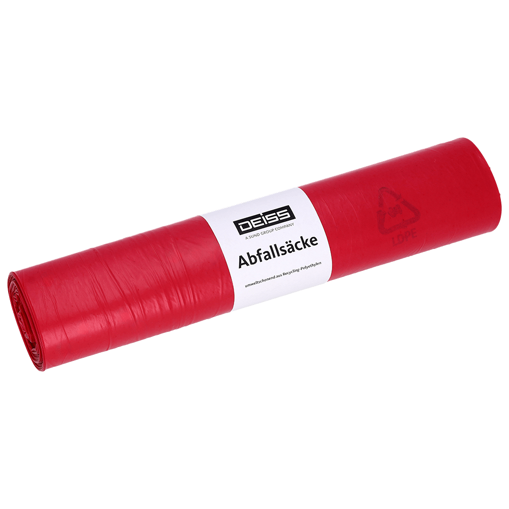Eine Rolle der EMIL DEISS KG (GmbH + Co.) DEISS 21070 Müllsäcke, 700x1100 mm Typ 60 rot, Rolle mit 25 Stück und weißem Etikett mit "DEISS Abfallsäcke" und Recyclinginfo, liegt auf weißem Hintergrund.