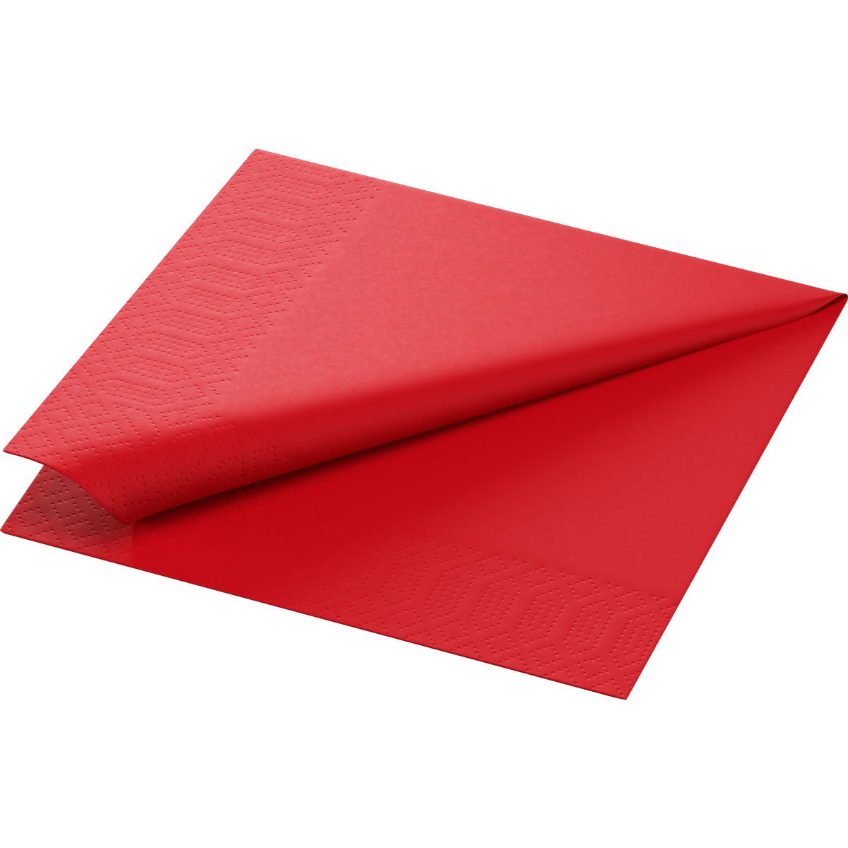 A red Duni GmbH cellulose napkin 33x33 cm, 3-ply, is partially folded to show the edge embossing. This high-quality napkin (250 pack) appears on a plain white background as an elegant table decoration.