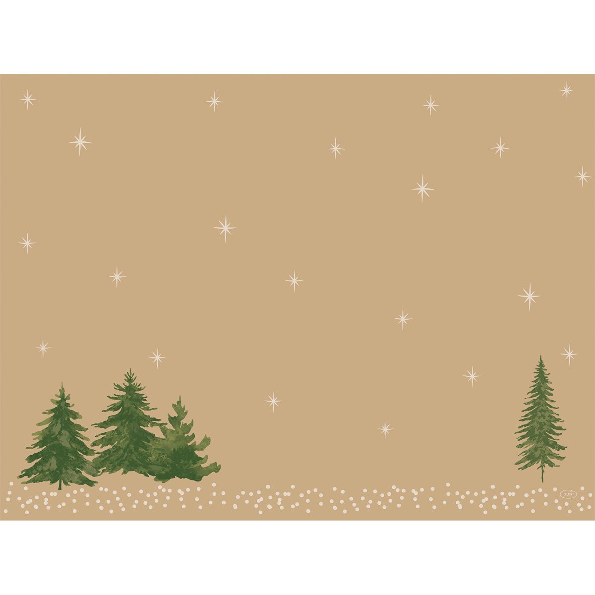 A charming motif with green pines on the left, a solitary pine on the right, snow-covered ground, and white stars on a light brown background - ideal for table decoration with the Bio-Dunicel sets 30x40 Humble Trees (100 pieces) by Duni GmbH.