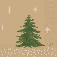 A green Christmas tree stands alone against a light brown background with white dots, stars, and a small DUNI logo. This festive design adorns the 24x24 3-ply 1/4 Humble Trees napkins from Duni GmbH—perfect for the holidays. Package: 50 pieces.