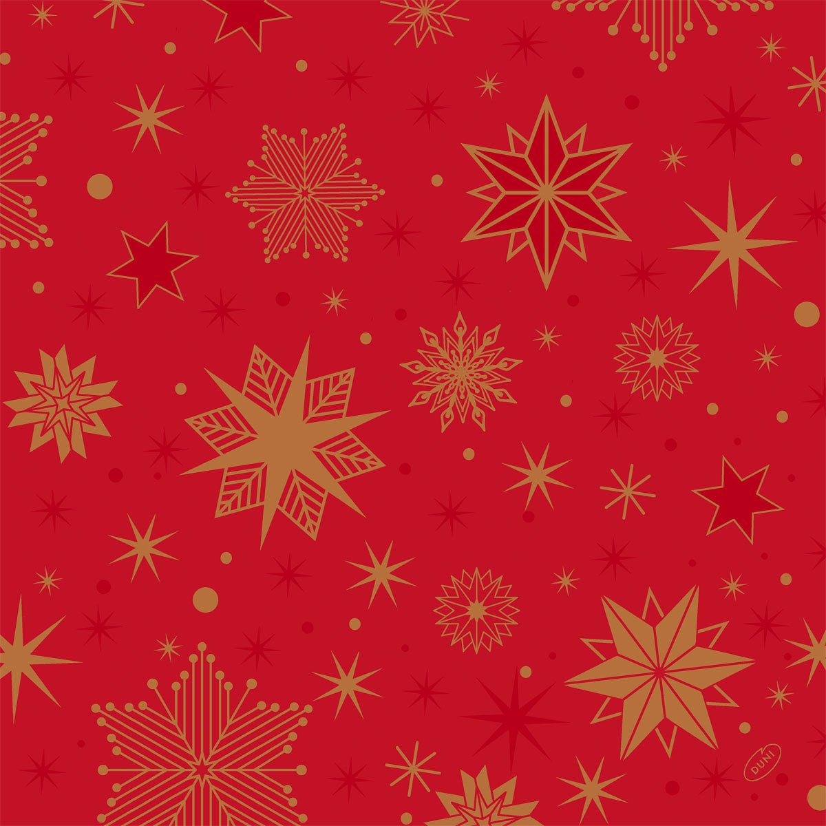 Die Duni Servietten Klassik Stargazing rot (40x40 cm, 4-lagig, 50 Stück) der Duni GmbH haben einen festlichen roten Hintergrund mit goldenen und gelben Sternenmustern - ideal, um besonderen Anlässen Eleganz zu verleihen.