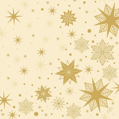 Ein Muster aus goldenen Sternen und Schneeflocken in verschiedenen Größen ziert einen hellbeigen Hintergrund auf Dunilin-Servietten 40x40cm von Duni GmbH. Einige Sterne haben durchgezogene Linien, andere gepunktete oder geometrische Muster - ideal für hochwertige Servietten.