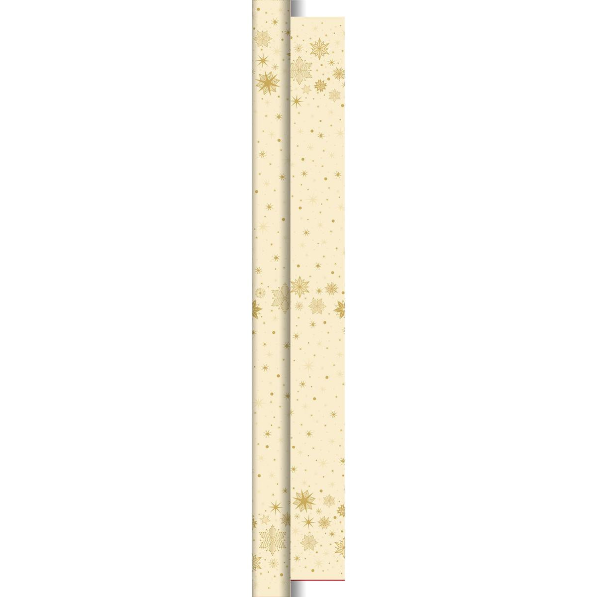 Die Dunicel-Rolle 25x1,18m Star Stargazimg creme von Duni GmbH hat ein beiges Design mit goldenen Schneeflocken und Sternen, ideal als Tischdekoration. Die Rolle wirft einen linken Schatten, so dass der Eindruck entsteht, sie sei teilweise ausgerollt oder geschichtet.