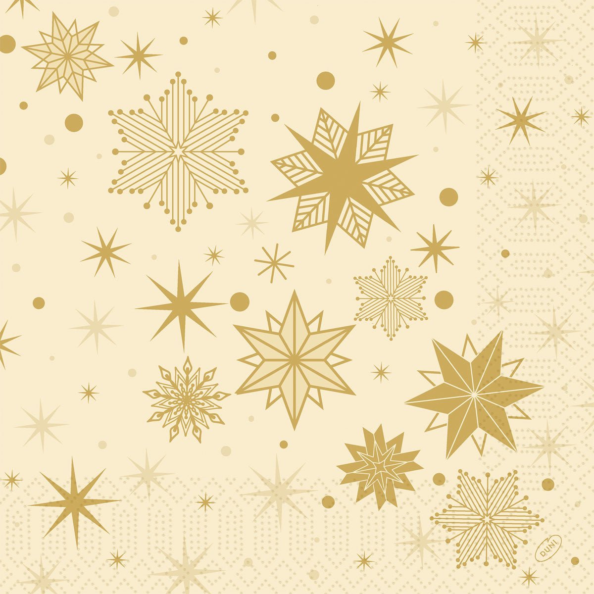 A gold-beige patterned background with various golden star and snowflake shapes, inspired by Duni GmbH napkins 40x40 3-ply 1/4 Stargazing cream (250 pieces), with dots and geometric accents.