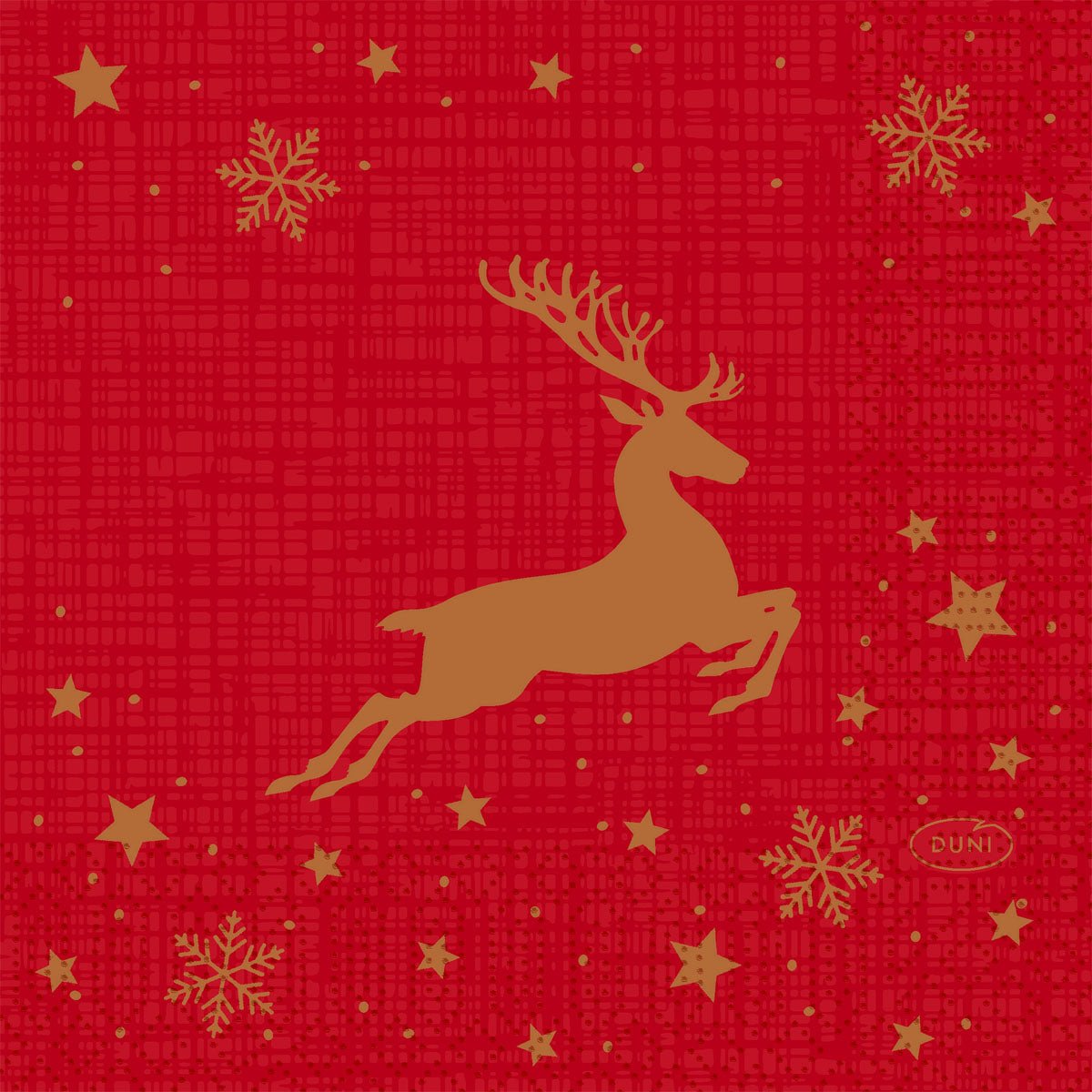 A golden reindeer jumps between stars and snowflakes on a red background, perfect for festivities. The napkins 24x24 3-ply 1/4 Shimmer Trees by Duni GmbH are adorned with a subtle "DUNI" logo in the lower right corner. Package: 250 pieces.