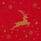 A golden reindeer jumps between stars and snowflakes on a red background, perfect for festivities. The napkins 24x24 3-ply 1/4 Shimmer Trees by Duni GmbH are adorned with a subtle "DUNI" logo in the lower right corner. Package: 250 pieces.