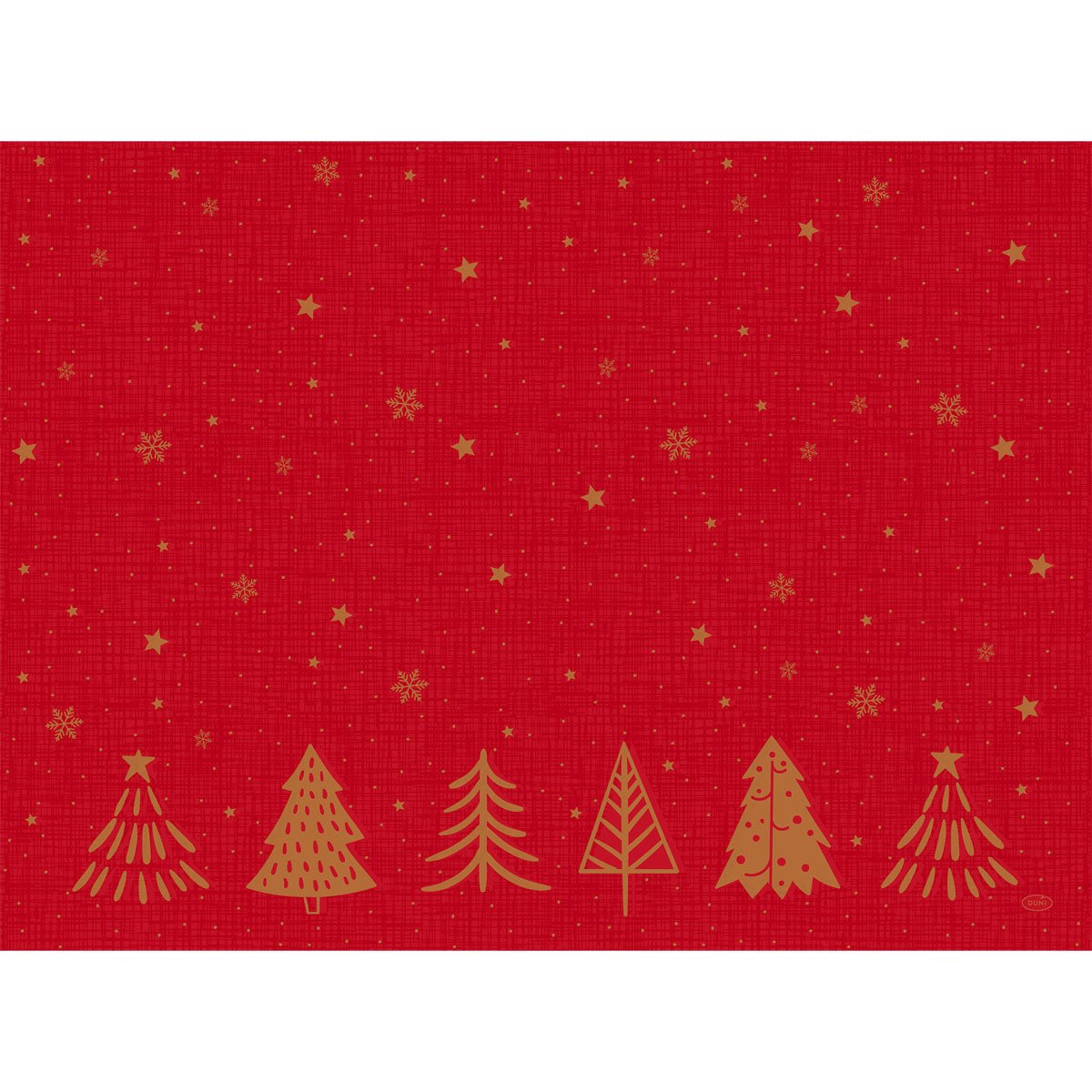 A festive red background with gold stars, snowflakes, and six gold trees in the Shimmer Trees design—perfect for the Bio-Dunicel 30x40 Shimmer Trees sets | Pack (100 pieces) from Duni GmbH.