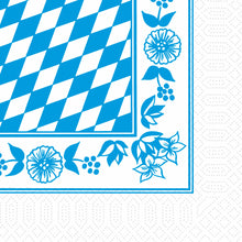 Die Duni GmbH Zellstoff Servietten 33x33 cm, 3lagig, zeigen ein blau-weißes Bayern Raute Design mit blauer Blumenbordüre und gepunktetem weißen Rand. Packung mit 250 Servietten.