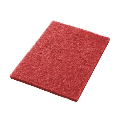Ein rotes, rechteckiges Twister Pad TXP eckig Scheuerpad 14 Zoll von Diversey Deutschland GmbH & Co. OHG ist auf weißem Grund abgebildet. Dieses Scheuerpad hat eine raue, faserige Textur mit leicht abgeschrägten Kanten.