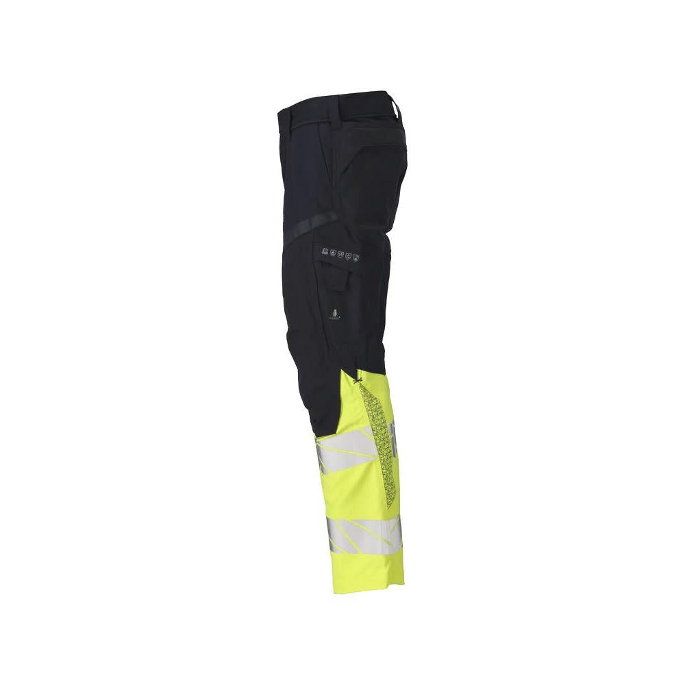 Trousers with knee pockets, stretch inserts Multisafe trousers, black blue/hi-vis yellow