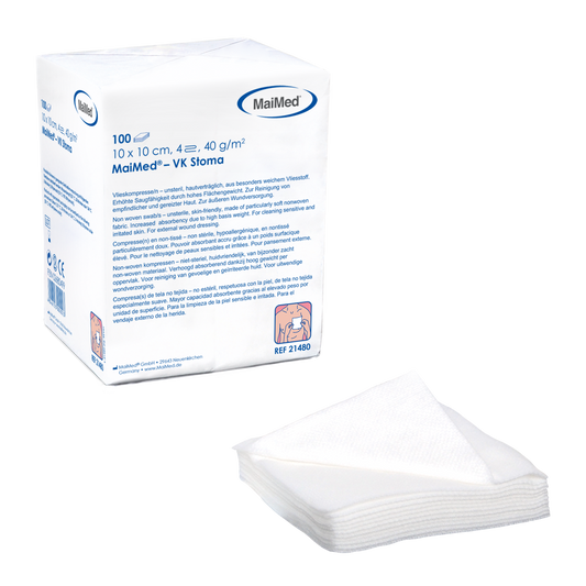 MaiMed-VK-Stoma-unsteril 10x10cm 4-fach, 40g Vlieskompressen zu 100 St./Papiertüte | Packung (100 Stück)