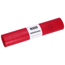 Abgebildet ist eine Rolle DEISS 21705 Typ 100 rot Müllbeutel (25 Säcke, 575x1000 mm) der EMIL DEISS KG (GmbH + Co.) auf weißem Grund - ideal für die gewerbliche Abfallentsorgung.
